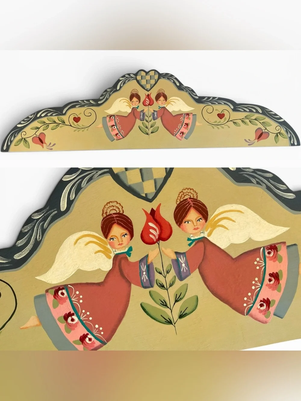 Vintage Folk Art Hand Painted Wooden Door Topper Angels Hearts Cottagecore